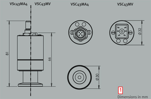 Габаритные размеры пьезоэлектрических вакуумных датчиков VSC43 